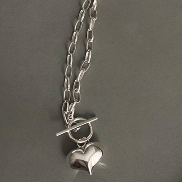 925 Sterling Sliver Chunky Toggle Heart Necklace - Picture 3 of 7